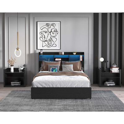 Full Bed Frame With 4 Storage Drawers Full Bed Frame With Headboard And Storage Shelf, Storage Bed With Led And Charging Station, No Noise,No Box Spri by Latitude Run