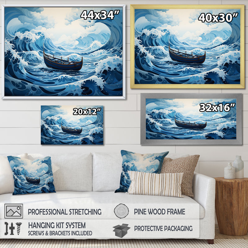 Bleu surréel, bateau côtier, Cadre de coin argenté fermé, H 24 po x l 32 po x P 1 po