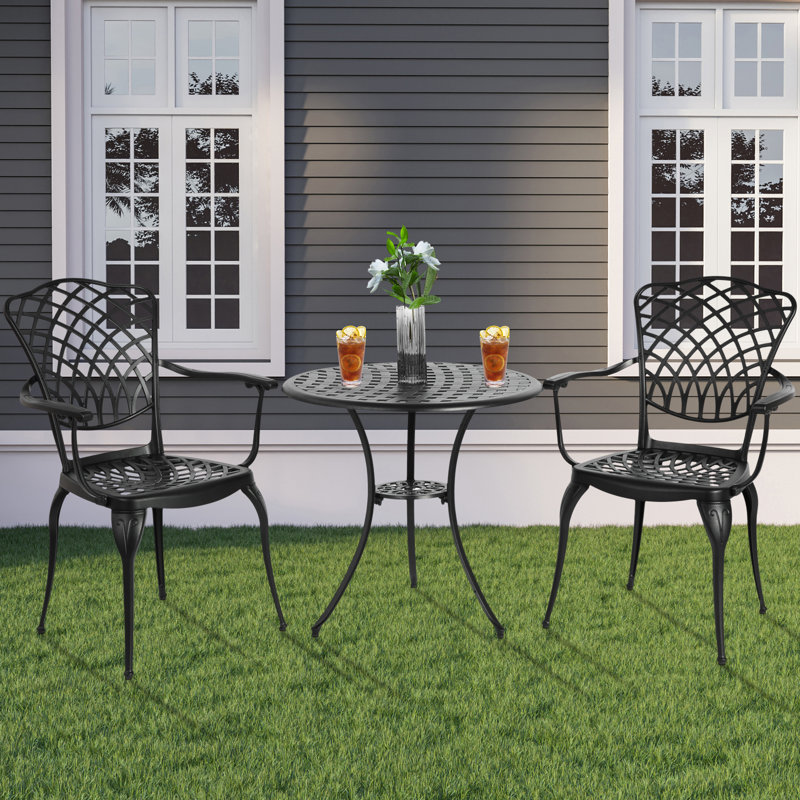 3-piece Cast Aluminum Patio Bistro Set With Umbrella Hole, All-weather Metal Table & 2 Chairs, Outdoor Garden Furniture