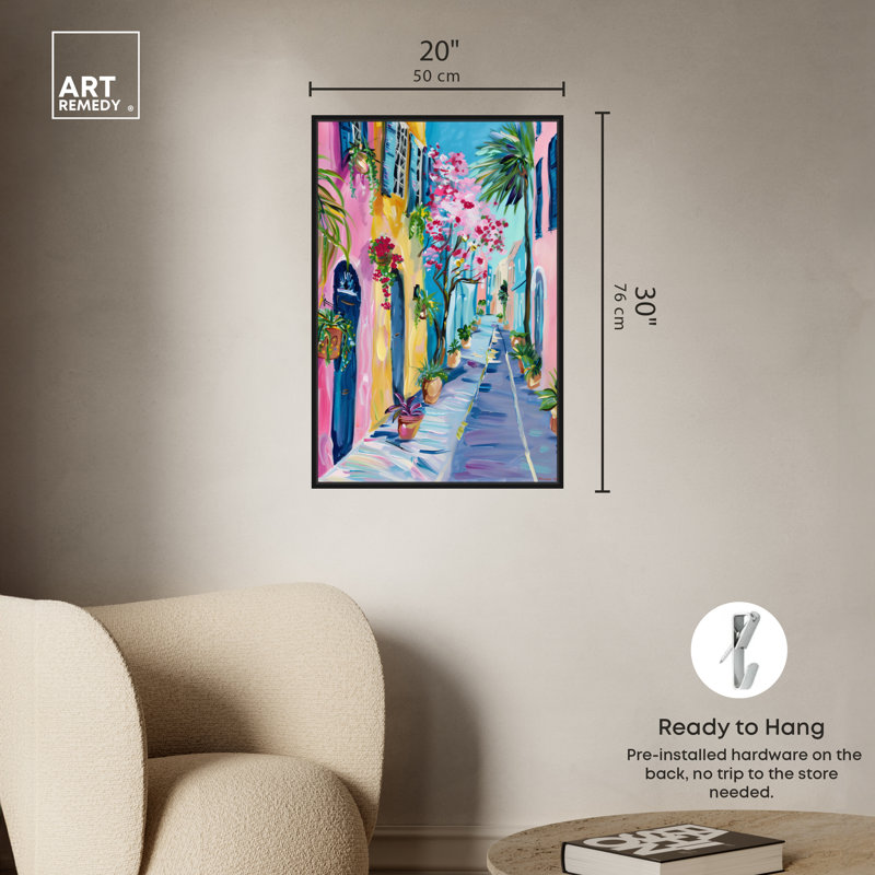 Art Remedy The Colorful Streets, cadre coloré bord de mer 57423, Cadre noir, H 31 po x l 31 po