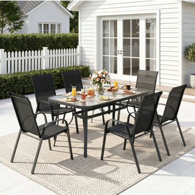 All Weather Patio Dining Set For 6, Outdoor Table And Chairs With 1.69″ Umbrella Hole,  30"X 55" Table And Stackable Chair, For Lawn, Deck (Umbrella Not Included) (Black Table and Black chairs)