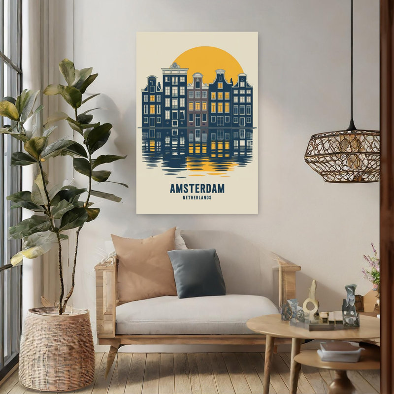 Affiche murale représentant l'architecture abstraite traditionnelle du canal d'Amsterdam, 48" H x 32" W