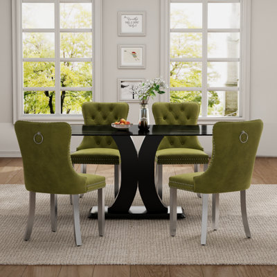 Duvall Mid-Century Modern Dining Set For 4-6, Marble Texture Rectangle Kitchen Table And Tufted Velvet Dining Chairs For Dining Room