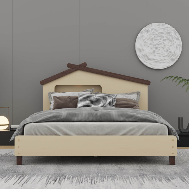 Lit plateforme en bois Ceirah, Crème / noyer