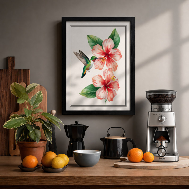 Hummingbirds and Hibiscus Botanical - Framed Print, A2 - 59.4 x 42.0 cm, Black