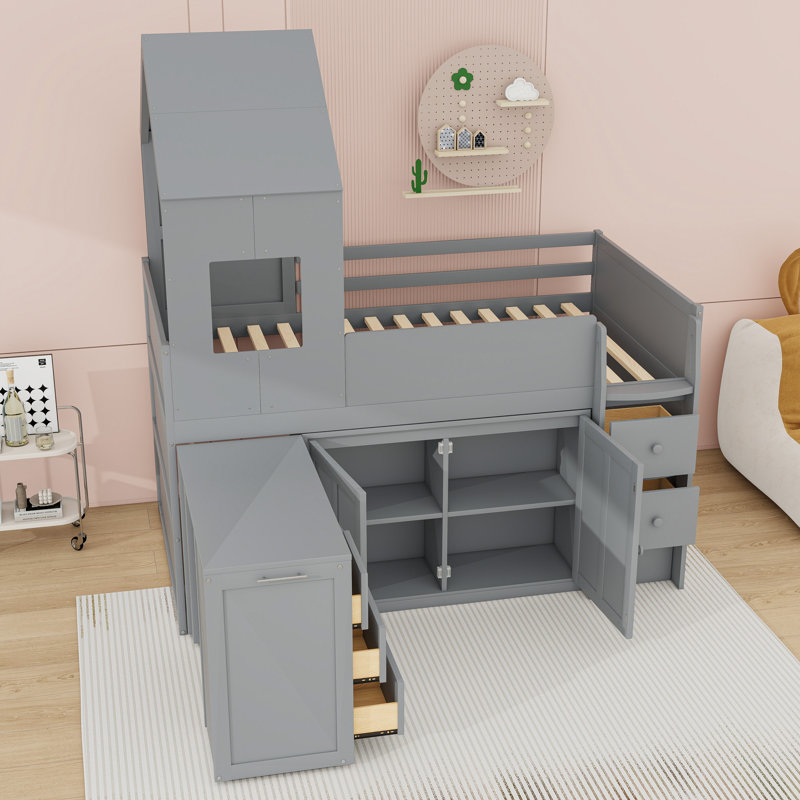 Lit mezzanine simple en bois avec bureau et tiroirs, tablettes, Gris