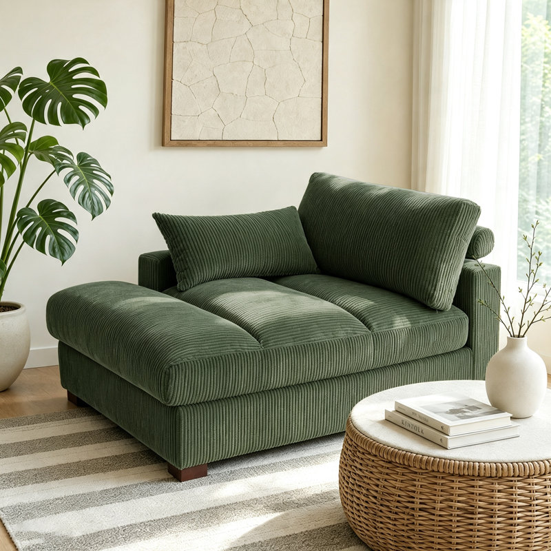 Bentura Oversized Upholstered Green Corduroy Chaise Lounge with Armrests & Throw Pillows, Green Corduroy, Left Hand Facing