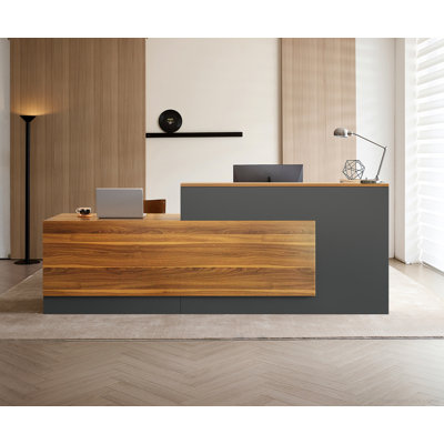 Bureau de réception en L 87 po avec comptoir - L 220,0 po x l 60,0 po x H 105,0 po - Bois d'ingénierie - 1 pièce - Brun