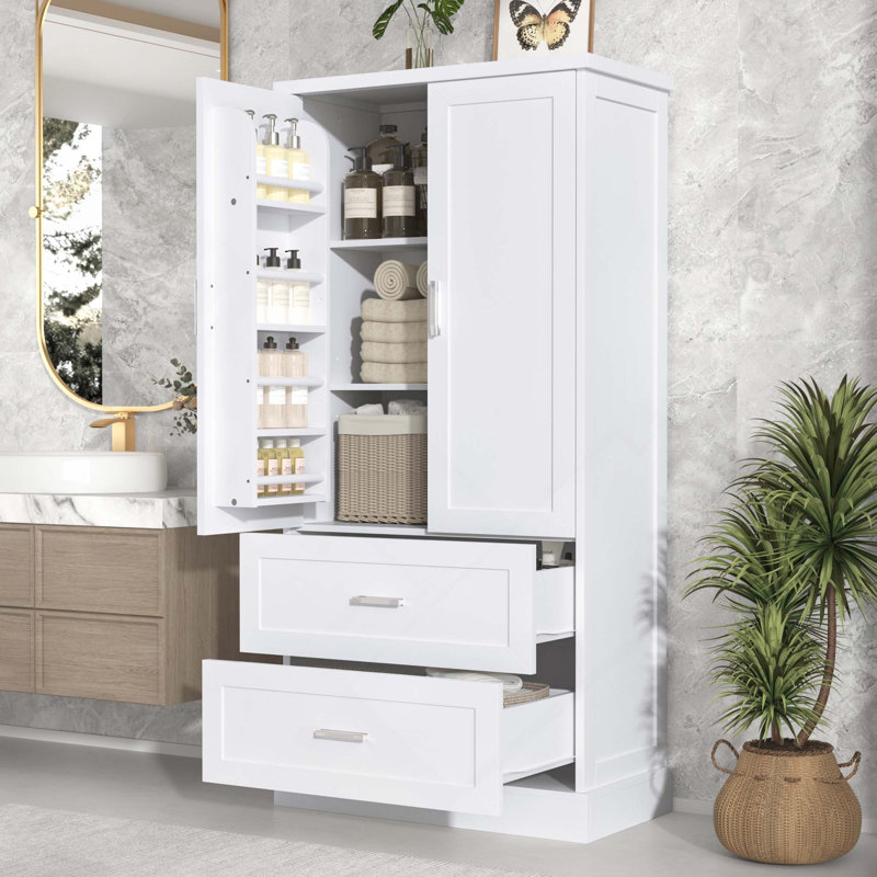 Tall Bathroom Storage Cabinet With 2 Doors, 2 Drawers & Adjustable Shelf, White