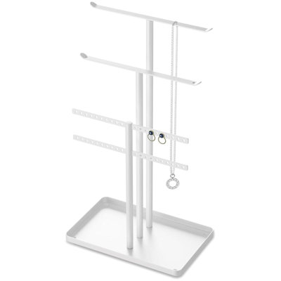 Organisateur de support à bijoux, haut métal robuste de 14,5 po, support à bijoux à 3 niveaux pour collier, boucle d'oreille, bracelet, anneau, support pour présentation et rangement, décor de chambre esthétique, support à bijoux en or avec platea