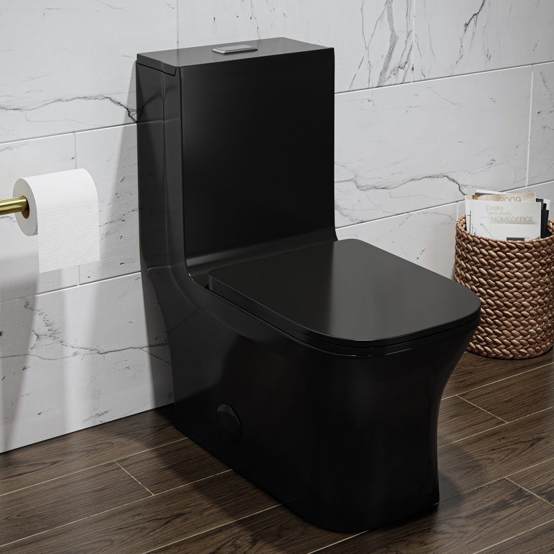Toilette carrée une pièce à double chasse en noir brillant Concorde, Noir lustré, Haut