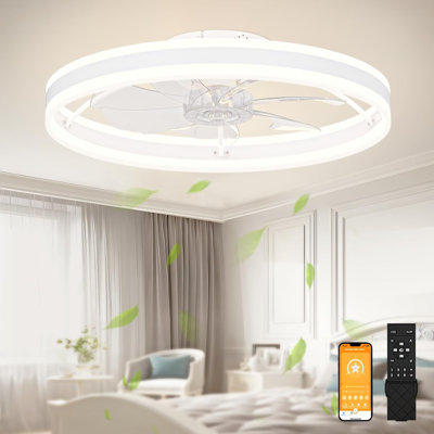 Low Profile Ceiling Fans with Lights and Remote, 23.6in Flush Mount Ceiling Fans with Light, 3000K-6500K Dimmable Fandelier LED Fan Light, White Bladeless Ceiling Fans with Lights for Bedroom