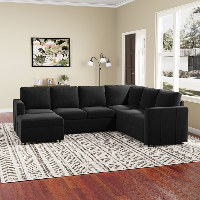 Ensemble de canapé modulaire en L avec grand espace de rangement, Velours noir