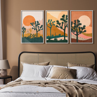 «Bright Orange Sun Desert Joshua Tree Southwestern», impression encadrée sur toile, 3 pièces