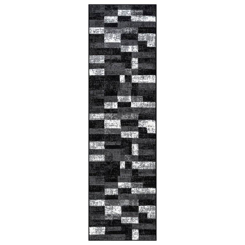 Abstract Grid Black/Gray Minimal Indoor Woven Area Rug, Runner 2'2" x 8'