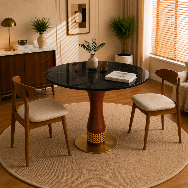 Table de salle à manger ronde de 85 cm (33,5 po) en pierre frittée et pieds en bois d'hévéa, piétement design en bois d'hévéa avec accents en osier tressé à la main et base en acier inoxydable pour cuisine, appartement et bistrot