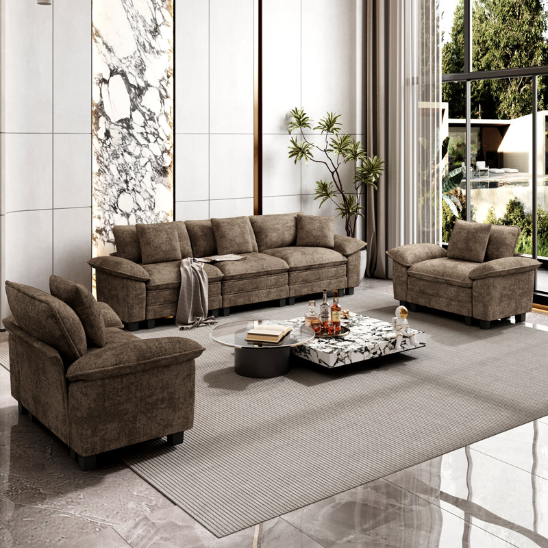 5 Piece Modular Living Room Set, Taupe Chenille