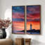 Grand ensemble d'art mural sur toile encadrée - Croissant de lune, phare, crépuscule et ciel nocturne en rouge pour impression de décor côtier - 60 po x 30 po x 2 pièces-777946492-777946497