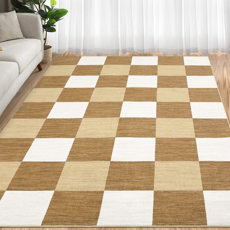 Modern Area Rugs 5x7 Non-Slip Plaid Print Accent Carpet, Stain-Resistant Low Pile Floor Cover, Washable Contemporary Indoor Mat, Easy Cleaning, for Bedroom, Living Room, Office, Camel