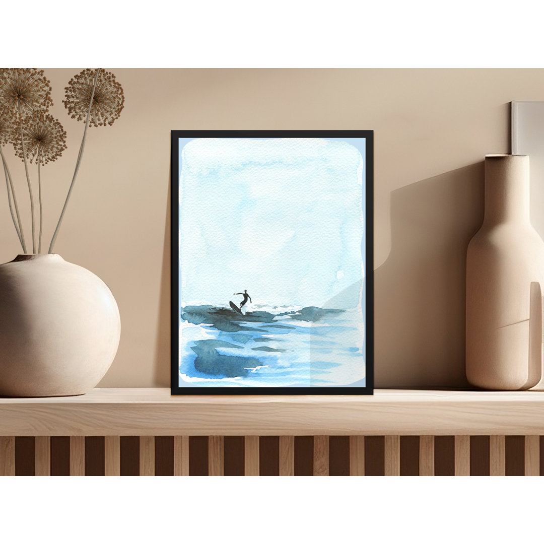 Watercolor Surfing Scene Simple Coastal Decor Modern Framed Poster