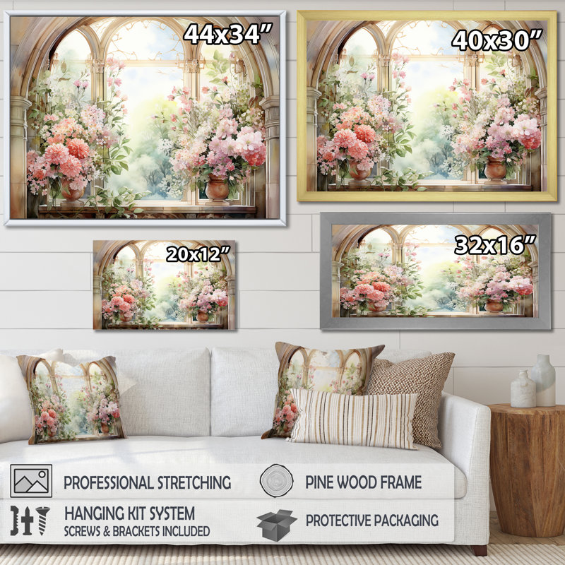 «Pink Blossoming Country Window Gaze V», reproduction d'art sur toile, Toile tendue, H 16 po x l 32 po x P 1 po
