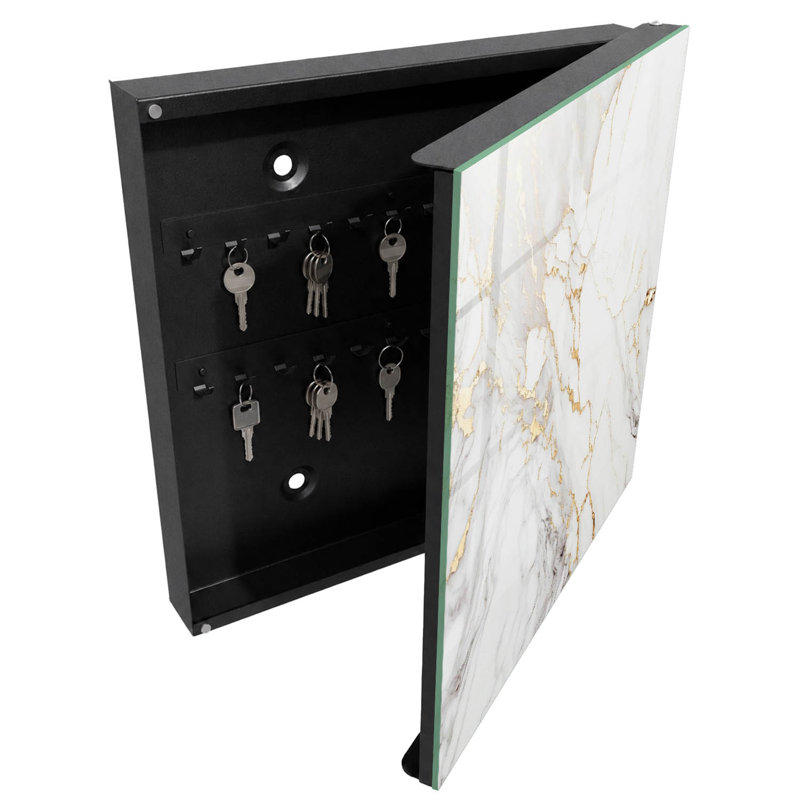 Key cabinet for wall, Opens to the left, 30x30x5, White, White surface with yellow vein patterns, 