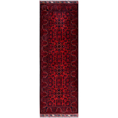 Khamyab afghan rouge noué à la main 1 pi 9 po x 5 pi avec motif de médaillons géométriques 100% laine douce, colorants naturels, tapis oriental court et étroit, tapis oriental