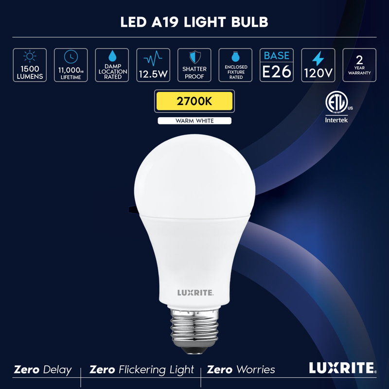 Luxrite A19 LED Light Bulb 12.5W=100W 2700K Warm White 1500LM Non-Dimmable Standard LED Light Bulb E26 Enclosed Fixture Rated, Damp Rated, ETL 24 Pack