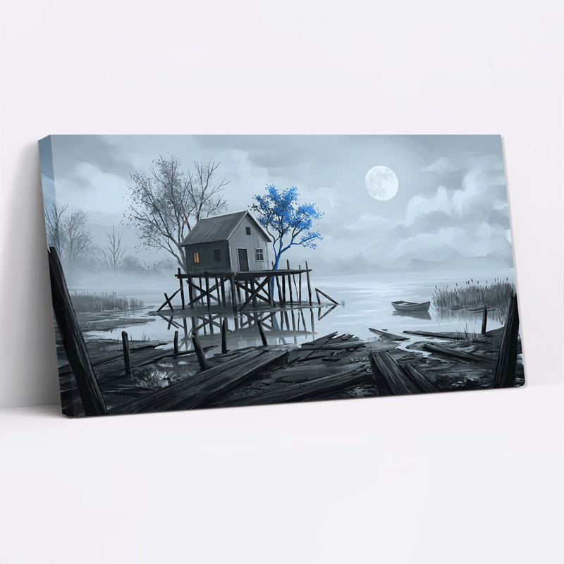 Maison sur pilotis dans un marais brumeux avec un arbre bleu vif et la lune (tableau mural en toile), L 32 po x H 16 po