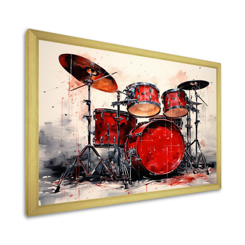 Music Drums Pulse Deep Red I - Impressions sur toile, H 30 po x l 40 po x P 1,5 po, Cadre doré simple
