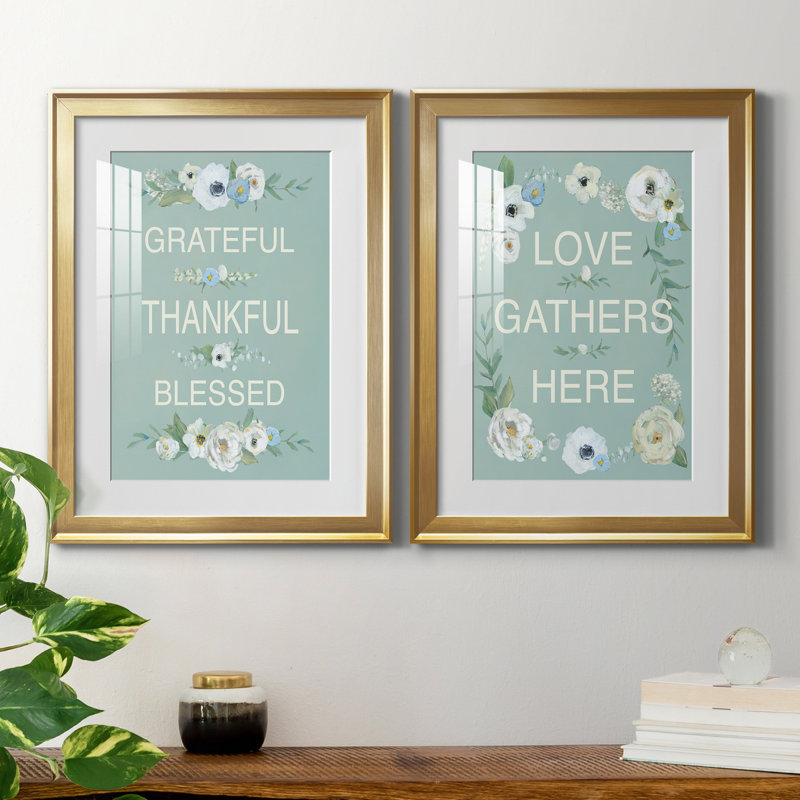 Grateful Thankful - ensemble de 2 reproductions d'art textuel, Blanc, H 18,5 po x l 49 po x P 1,5 po, Papier encadré doré