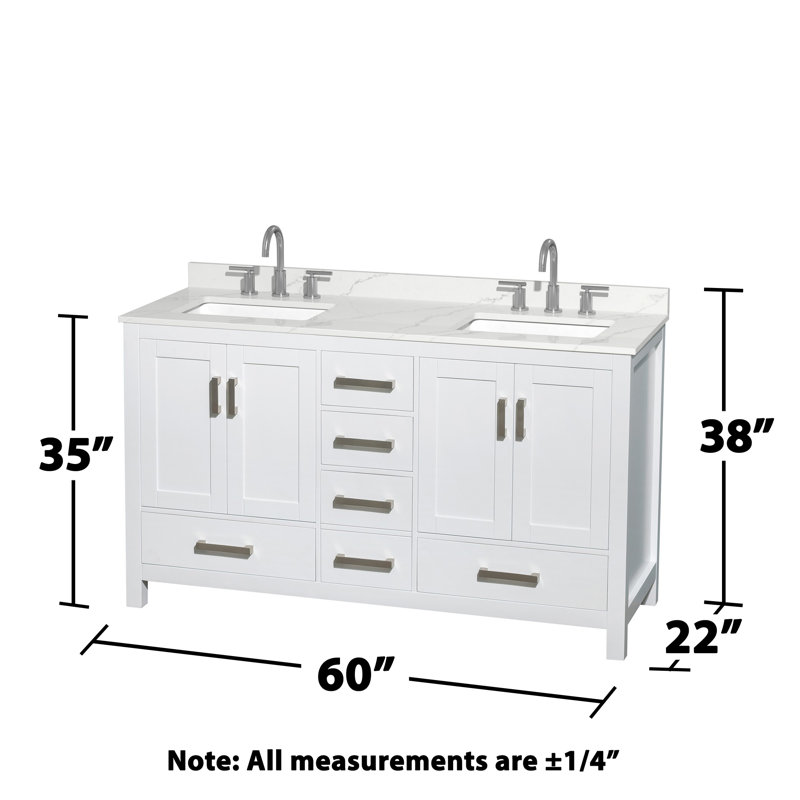 Meuble-lavabo double autoportant 60 po avec plateau en quartz Sheffield, Quartz Giotto, Blanc, Chrome