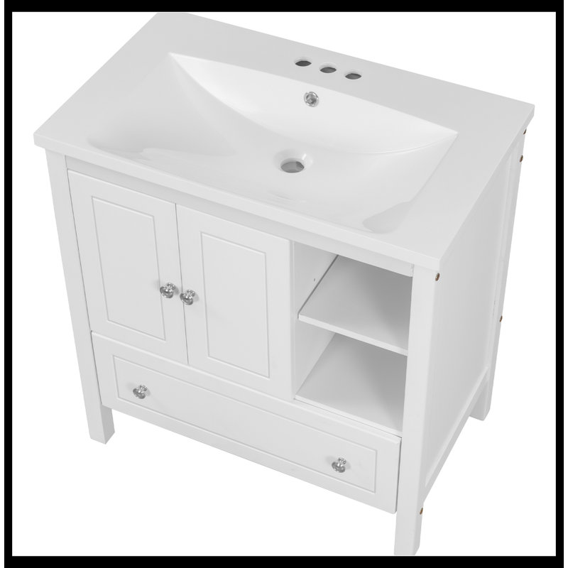White MDF Freestanding Single Bathroom Vanity with Ceramic Top