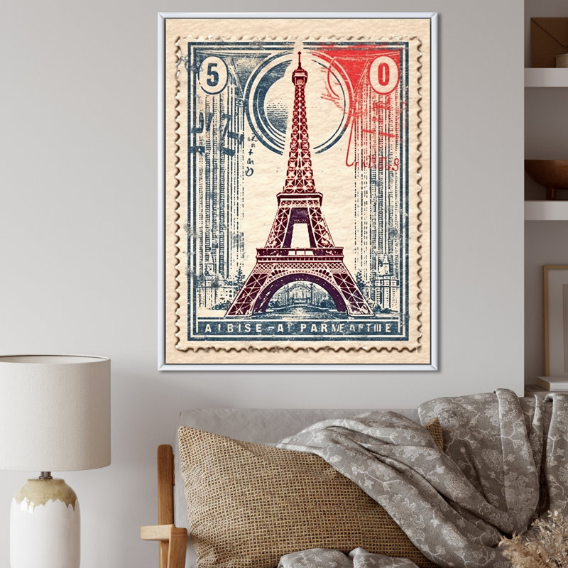 «Retro Stamp Illustration Paris Eiffel Tower I», reproduction sur toile, H 20 po x l 12 po x P 1 po, Cadre flottant blanc