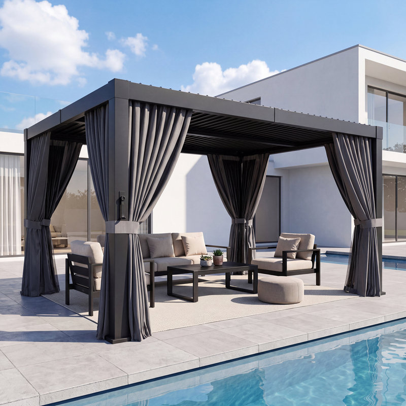 Pergola extérieure en aluminium de 3 m x 3,6 m avec toit à lames orientables, système de gouttières intégré, moustiquaire et rideaux