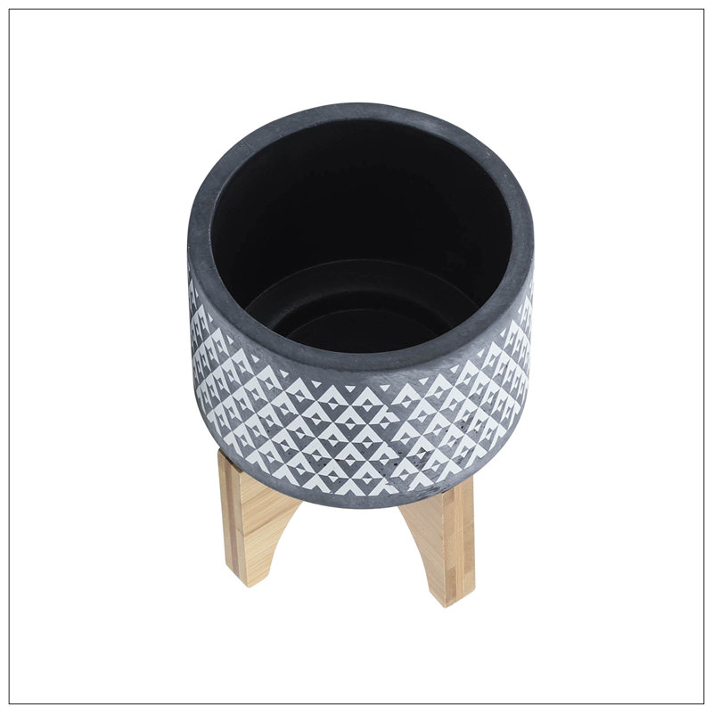 CERAMIC AZTEC PLANTER ON WOODEN STAND, GRAY, 6" H x 5" W x 5" D