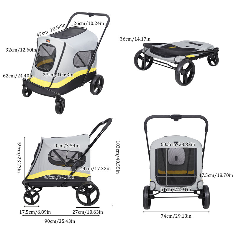 Dog Stroller Foldable Pet Jogger Stroller, 103cm H x 74cm W x 90cm D