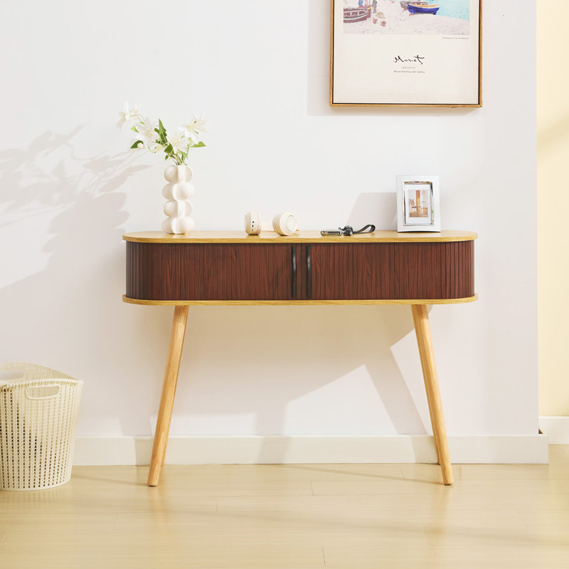 Wood Grain Console Table with Sliding Door