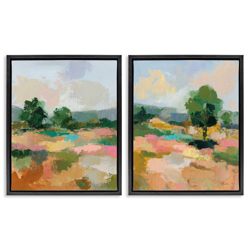 «Spring Field Abstract Landscape», ensemble de 2 toiles flottantes encadrées par Silvia Vassileva, H 31 po x l 25 po