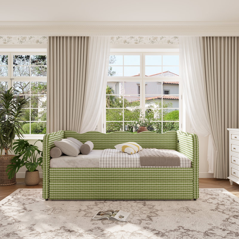 Linen Upholstered Gingham Daybed With Trundle, Usb Charging Port & Wave-shaped Design, No Box Spring Needed, Green