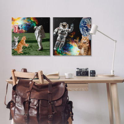  Chats et astronautes dans l'espace, ensemble de 2 reproductions d'art sur toile par June Erica Vess