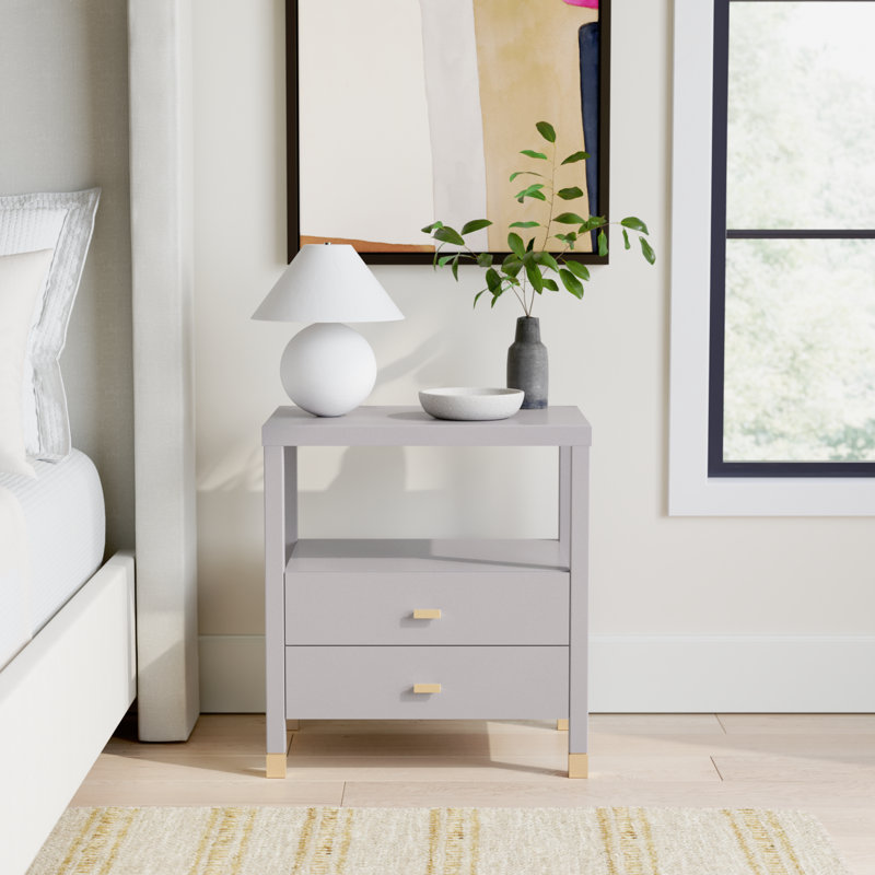 Gray Solid Wood 2-Drawer Nightstand with Shelf
