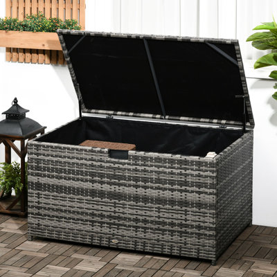 Storage Deck Box, 113 Gallon. , Waterproof. Dark Gray For Patio, Garden, Pool Supplies. Front Handle Convenience Gallon Outdoor . Gray, For Garden Tools, Lightweight Design