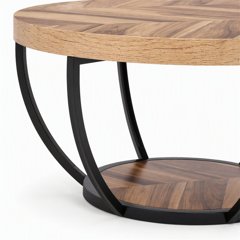 Table basse en bois, table basse centrale à 2 niveaux avec tablettes, Brun rustique / noir