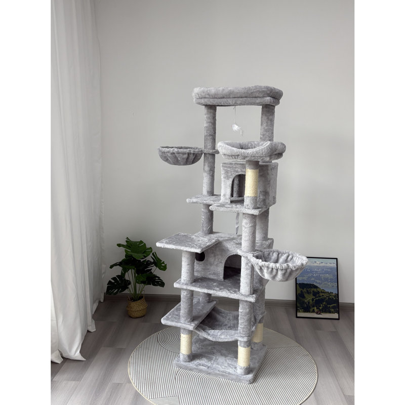 Grand arbre à chat à niveaux multiples de 68 pouces avec hamacs et poteaux à griffer, Gris