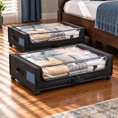 Ensemble de 2 boîtes de rangement à glisser sous le lit avec couvercle transparent à fermeture éclair, bacs de rangement en tissu à roulettes multidirectionnelles pour vêtements, chaussures et articles saisonniers