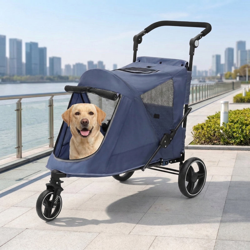 Poussette à trois roues pour animaux fabriquée en tissu; chariot pour chien adapté aux grands chiens pesant jusqu'à 55 livres; comprend des fenêtres en filet, une poche arrière à fermeture à glissière, une sangle de sécurité et un guidon à angle réglable; Bleu marine.