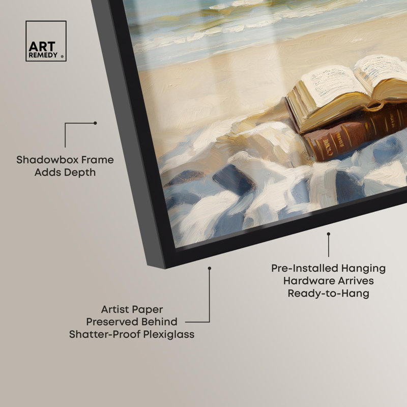 Plage, lecture, boîte d'ombre, impression d'art côtier par Art Remedy, H 11 po x l 16 po, Noir