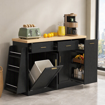 Armoire pour îlot de cuisine, buffet avec poubelle coulissante, portes coulissantes et range-épices à 3 niveaux