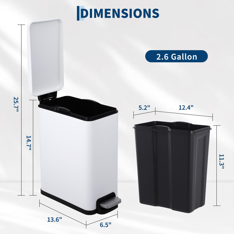 Stainless Steel Trash Can with Removable Inner Bucket & Step On for Kitchen and Bathroom, White
